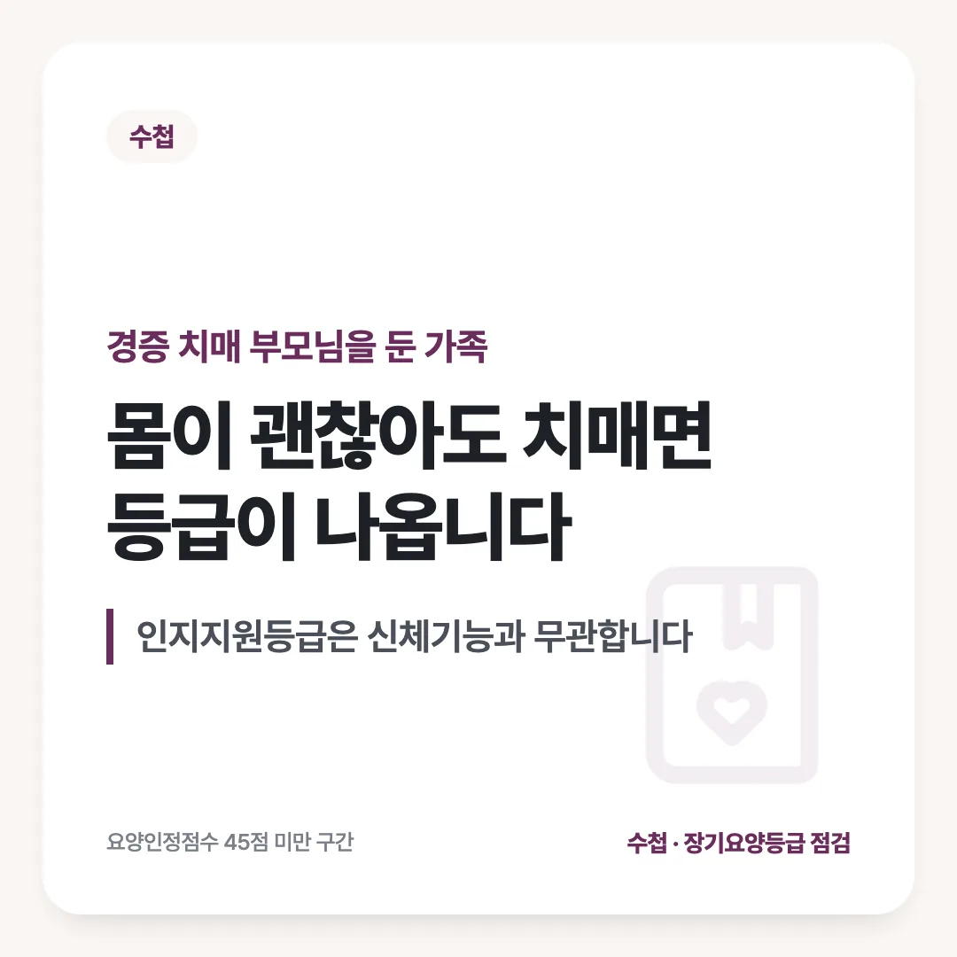 경증 치매 부모님을 둔 가족 — 몸이 괜찮아도 치매면 등급이 나옵니다. 인지지원등급은 신체기능과 무관합니다