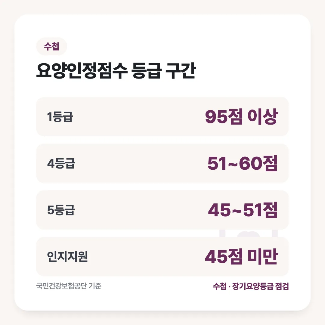 요양인정점수 등급 구간: 1등급 95점 이상, 4등급 51~60점, 5등급 45~51점, 인지지원 45점 미만