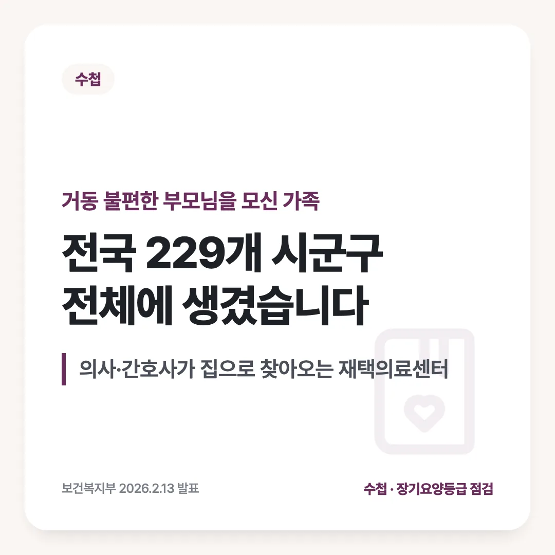 거동 불편한 부모님을 모신 가족 — 전국 229개 시군구 전체에 생겼습니다. 의사·간호사가 집으로 찾아오는 재택의료센터