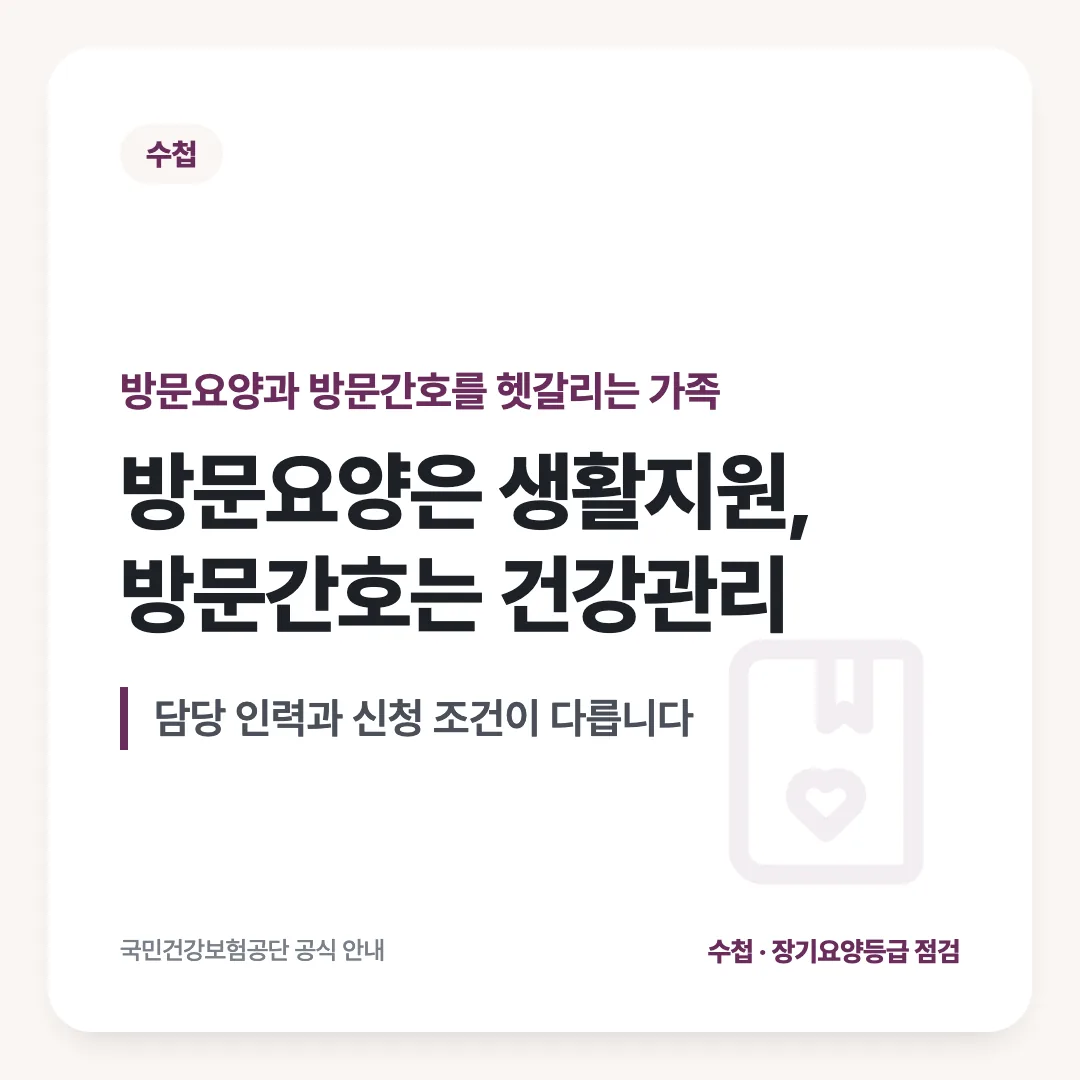 방문요양과 방문간호를 헷갈리는 가족 — 방문요양은 생활지원, 방문간호는 건강관리. 담당 인력과 신청 조건이 다릅니다