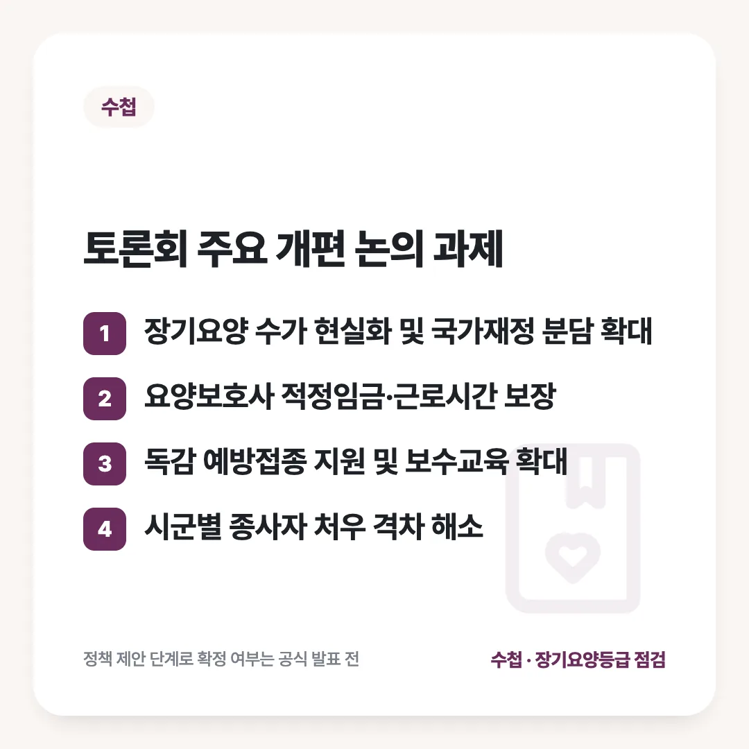 토론회 주요 개편 논의 과제: 장기요양 수가 현실화 및 국가재정 분담 확대 / 요양보호사 적정임금·근로시간 보장 / 독감 예방접종 지원 및 보수교육 확대 / 시군별 종사자 처우 격차 해소