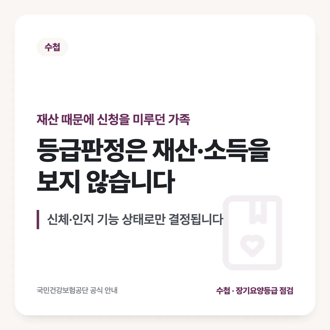 재산 때문에 신청을 미루던 가족 — 등급판정은 재산·소득을 보지 않습니다. 신체·인지 기능 상태로만 결정됩니다