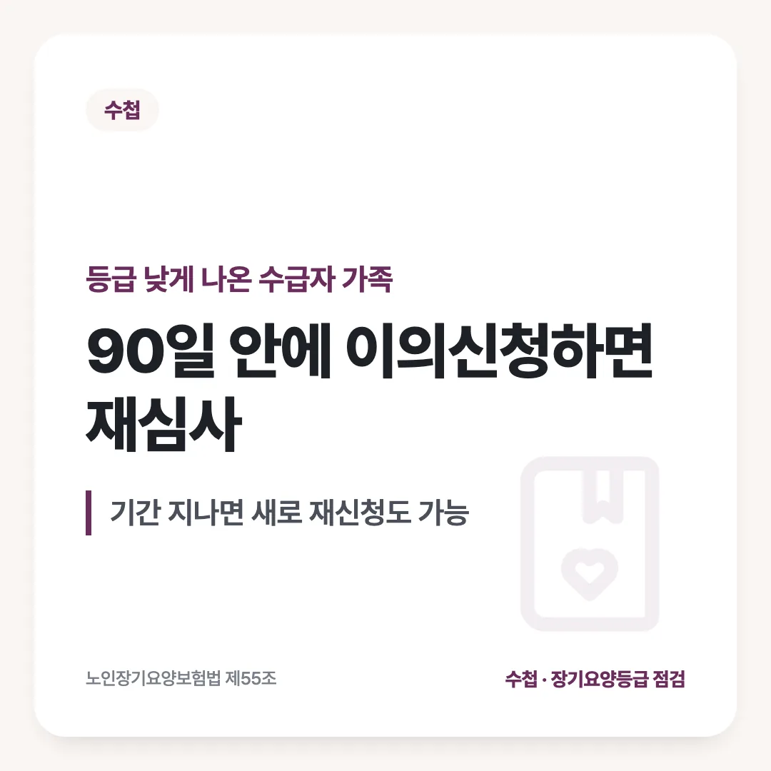등급 낮게 나온 수급자 가족 — 90일 안에 이의신청하면 재심사. 기간 지나면 새로 재신청도 가능