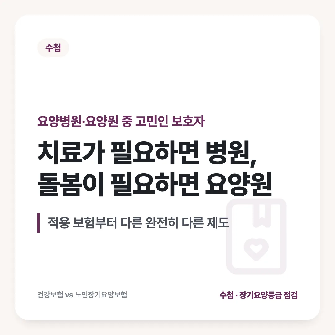 요양병원·요양원 중 고민인 보호자 — 치료가 필요하면 병원, 돌봄이 필요하면 요양원. 적용 보험부터 다른 완전히 다른 제도